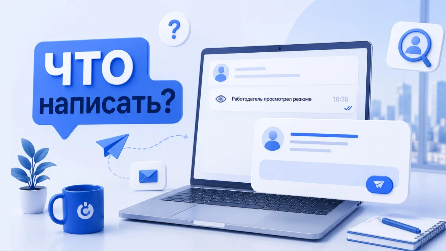 Человек пишет сообщение работодателю на ноутбуке